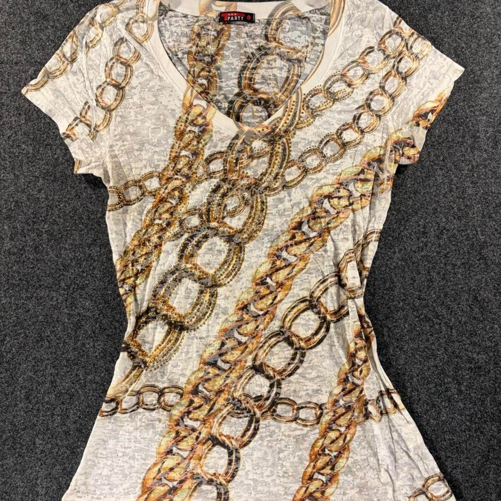 T Party Womens Gold Chain Print T Shirt Size Large Graphic Tee Y2K Streetwear